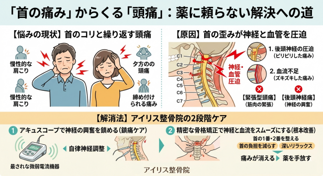 明石市 首の痛み 頭痛 原因を解説する図解。神経圧迫と血流不足の関係