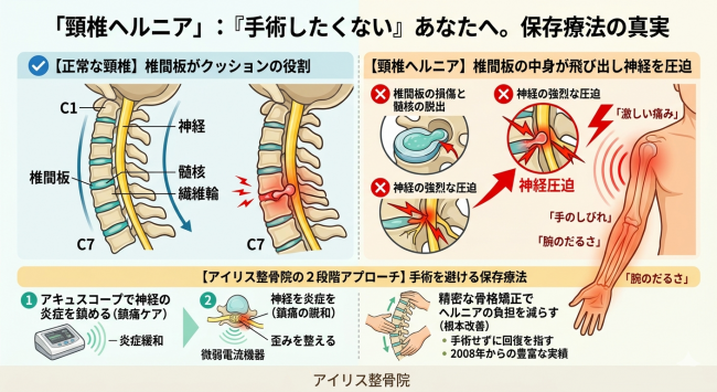 明石市 頚椎ヘルニア 手術しない保存療法を解説する図解。神経圧迫と改善の仕組み
