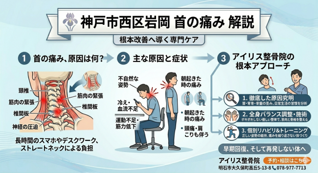 神戸市西区岩岡 首の痛み の原因となるストレートネックや神経の圧迫を解説。アイリス整骨院の全身バランス調整による根本アプローチ。