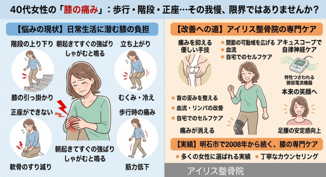 明石市 膝の痛み に悩む40代女性に向けた、膝の負担と根本改善の仕組み解説。階段や正座の痛み。