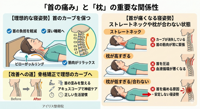 明石市 首の痛み 枕 合わない 原因を解説する図解。ストレートネックと寝姿勢の関係