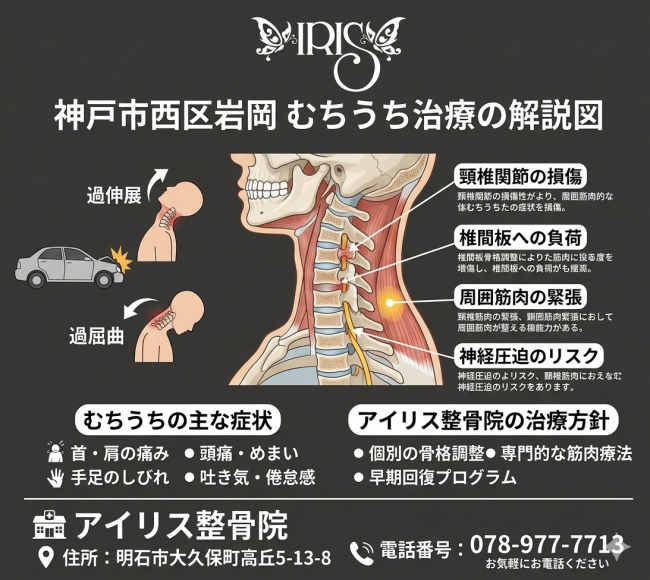 神戸市西区岩岡 むちうち治療 を解説するアイリス整骨院の案内画像