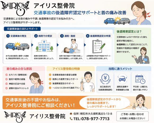 明石市大久保 交通事故 後遺障害 事故後の首の痛み（むちうち）改善から後遺障害認定の申請サポート、自賠責保険適用（自己負担0円）などのメリットを解説したアイリス整骨院の案内図。