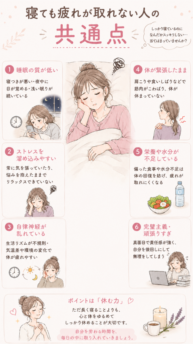 明石市大久保で朝起きても疲れが取れない原因を根本改善するアイリス整骨院。寝ても疲れが取れない人の共通点（睡眠の質、ストレス、自律神経、体の緊張、栄養、頑張りすぎ）をまとめたイラスト画像。